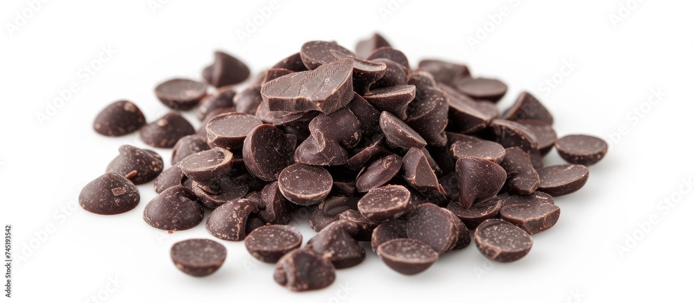 Obraz premium A cluster of chocolate chips arranged in a disorganized heap on a plain white surface. The chips are small and irregular in shape, varying in shades of brown.