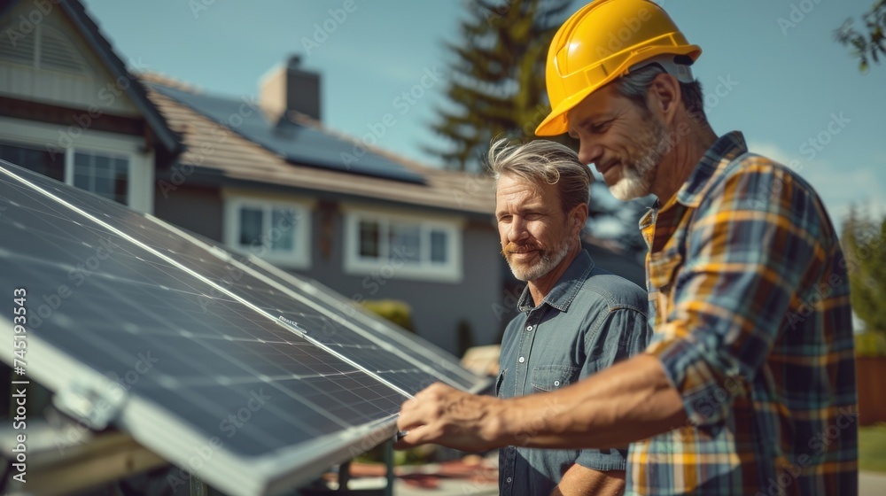 Obraz premium Homeowner and electrician discussing to install the best location for evaluating roof angle for maximum energy capture, solar project, smart home and technology, Green energy concept.