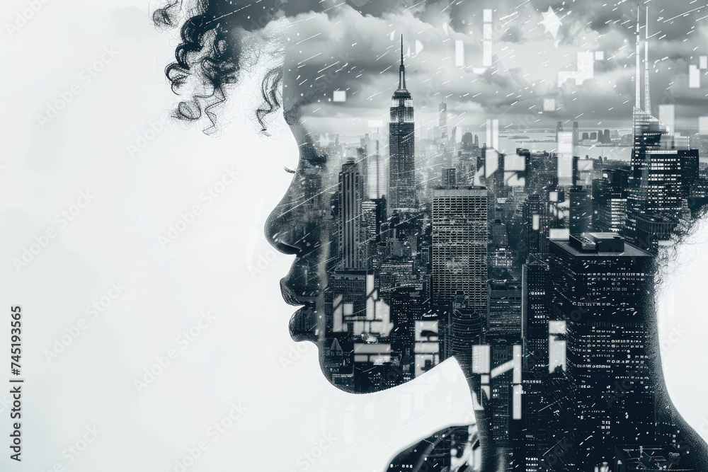 A city skyline merged with the intricate pattern of a person's face in ...