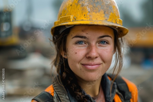 Beautiful Polish woman construction worker smiling proudly at her work, wearing a hard hat and safety gear on site. Concept of women in construction, empowerment, and professional pride.
