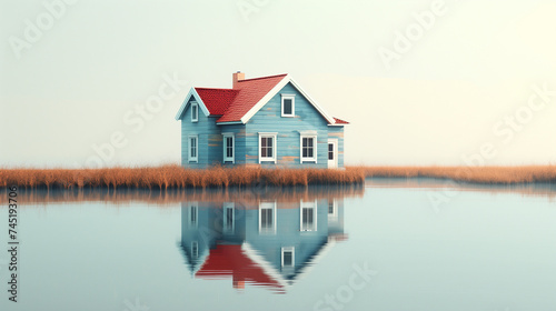 small blue house with a red roof, reflected in the calm waters of a pond or lake. The house is surrounded by dry grass and the sky is pale and clear