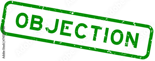 Grunge green objection word square rubber seal stamp on white background