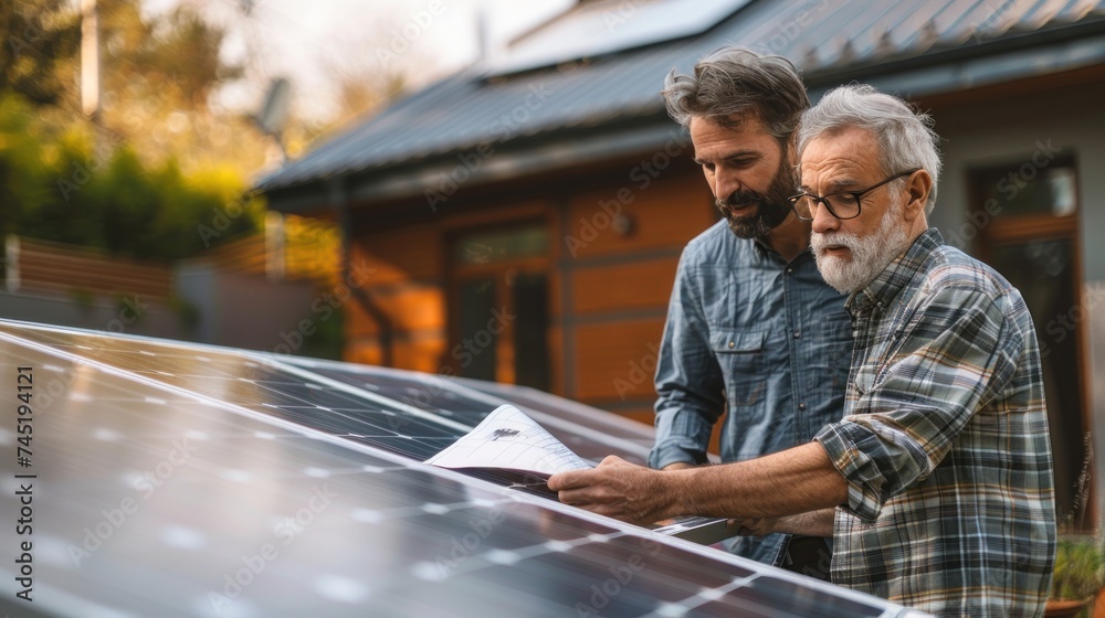 Homeowner and electrician discussing the best location for an EV charger install, smart home and technology EV car concept. Homeowner and electrician discussing the best location for an EV charger install, smart home and technology EV car concept.