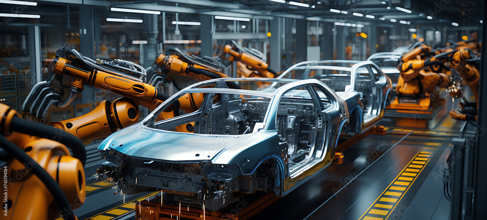 Car Factory 3D Concept: Automated Robot Arm Assembly Line Manufacturing High-Tech Green Energy Electric Vehicles. Construction, Building, Welding Industrial Production Conveyor. Elevated Wide Shot Car Factory 3D Concept: Automated Robot Arm Assembly Line Manufacturing High-Tech Green Energy Electric Vehicles. Construction, Building, Welding Industrial Production Conveyor. Elevated Wide Shot