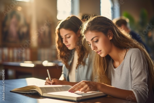 Two girls sitting at a table with a book and pen. Suitable for educational concepts