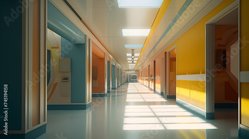 The extensive hospital corridor is lined with a counter and chairs  showcasing the beauty of geometric shapes and vibrant tones  offering a deeply immersive atmosphere.