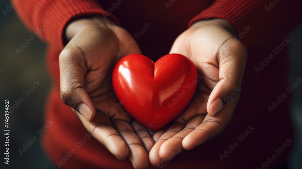 Person holding a red heart, suitable for love and relationships concepts Person holding a red heart, suitable for love and relationships concepts