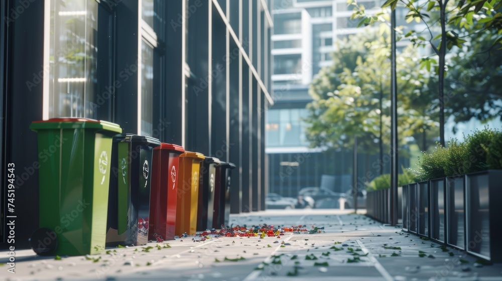 Fototapeta premium Colorful recycling bins placed along a modern city street in the morning light, symbolizing sustainability, eco-friendly waste management. Ideal for themes of recycling and responsible living.