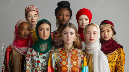 Group of multiethnic muslim women in traditional clothes posing in studio