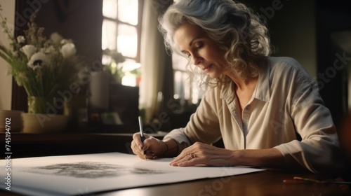 A woman sitting at a table writing on a piece of paper. Suitable for business or education concepts