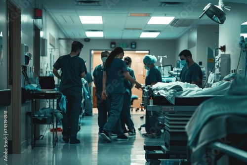 A group of healthcare professionals in scrubs working together in a hospital setting, providing care and support to patients in the emergency room