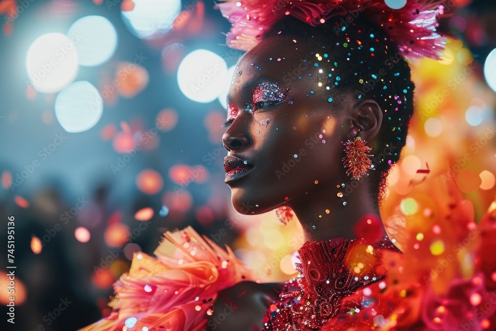 A woman with striking makeup and feathers adorning her head, exuding confidence and beauty on the runway - obrazy, fototapety, plakaty 