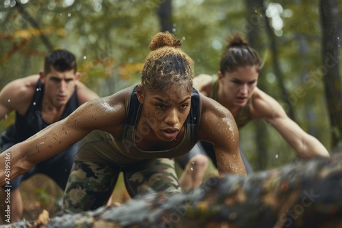 A group of people, fitness enthusiasts, are seen energetically running through a wooded area, showcasing their stamina and determination