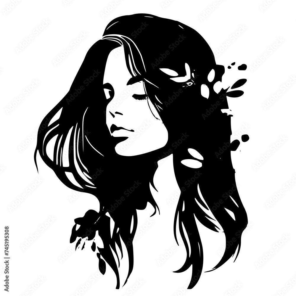 woman, hair, face, beauty, vector, illustration, fashion, silhouette, art, head, eyes, lips, sketch, style, glamour, black, long, model, person, lady, drawing, people, design, line, hairstyle, icon