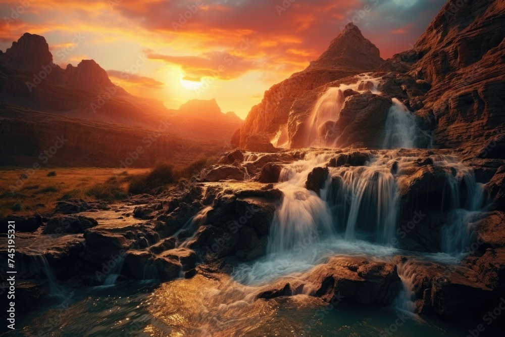 Beautiful waterfall cascading down a mountain with a stunning sunset in the background. Perfect for nature and landscape themes
