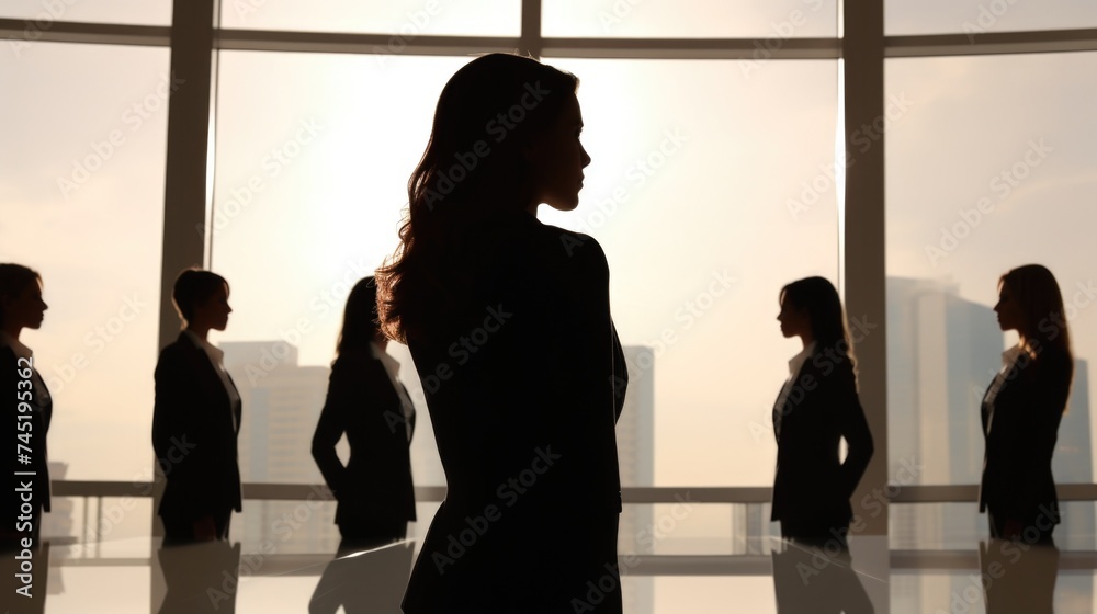 A group of people standing in front of a window. Suitable for business or office concepts