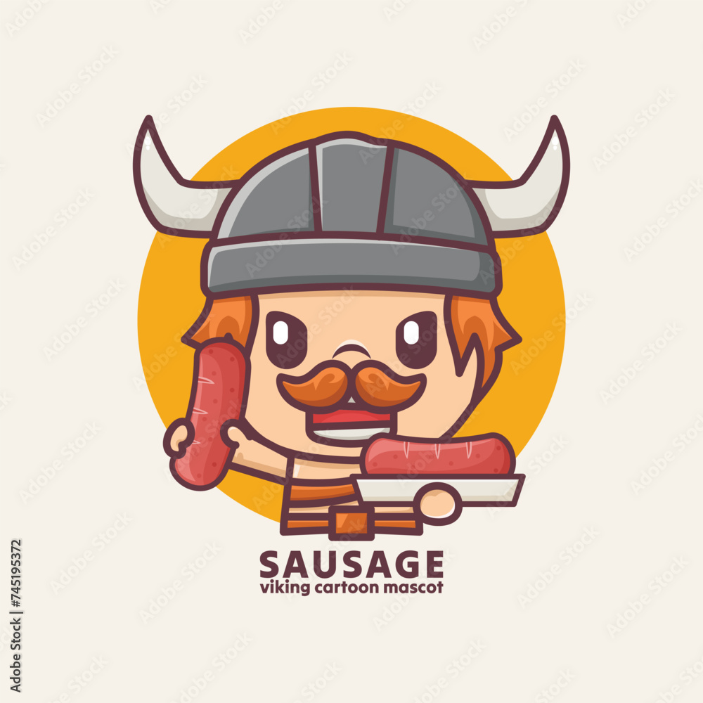 Cute viking cartoon mascot with sausage