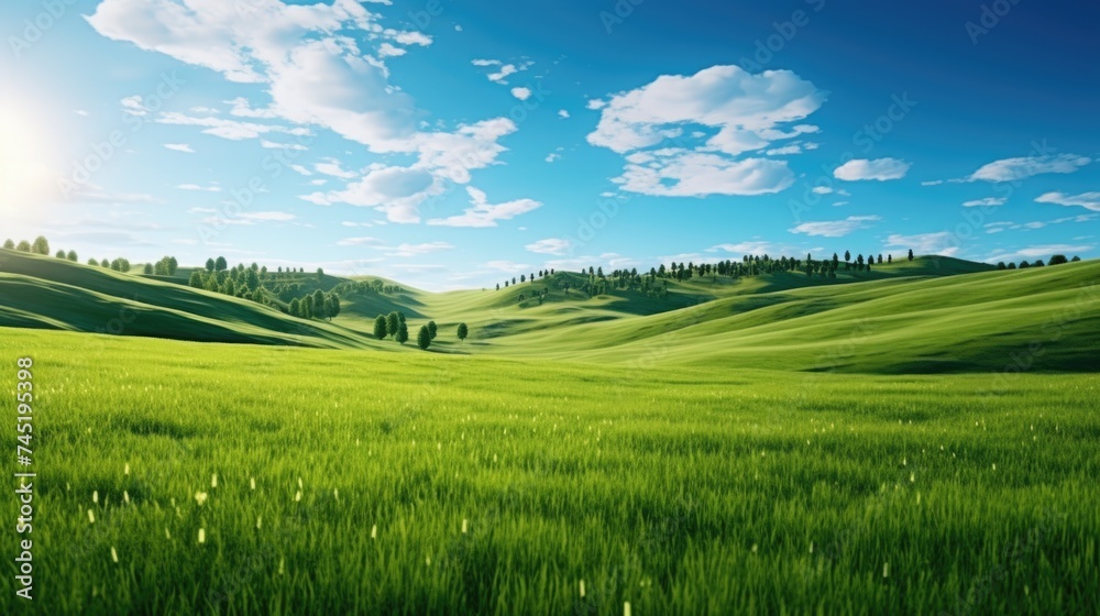 A peaceful field of grass with trees in the distance. Suitable for nature and landscape themes
