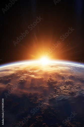 Earth seen from space with the sun in the background. Suitable for science and technology concepts