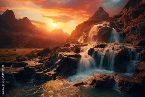 Beautiful waterfall cascading down a mountain with a stunning sunset in the background. Perfect for nature and landscape themes