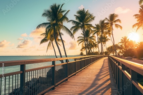 Scenic view of wooden walkway leading to tropical beach