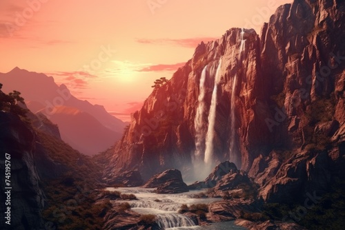 A beautiful painting of a majestic waterfall in the mountains. Perfect for nature lovers and interior decor © Fotograf