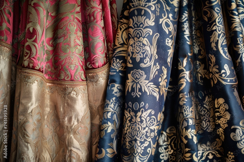 Detailed close-up of a curtain showcasing a beautiful pattern with intricate designs and elegant motifs, adding a touch of sophistication to any room Detailed close-up of a curtain showcasing a beautiful pattern with intricate designs and elegant motifs, adding a touch of sophistication to any room