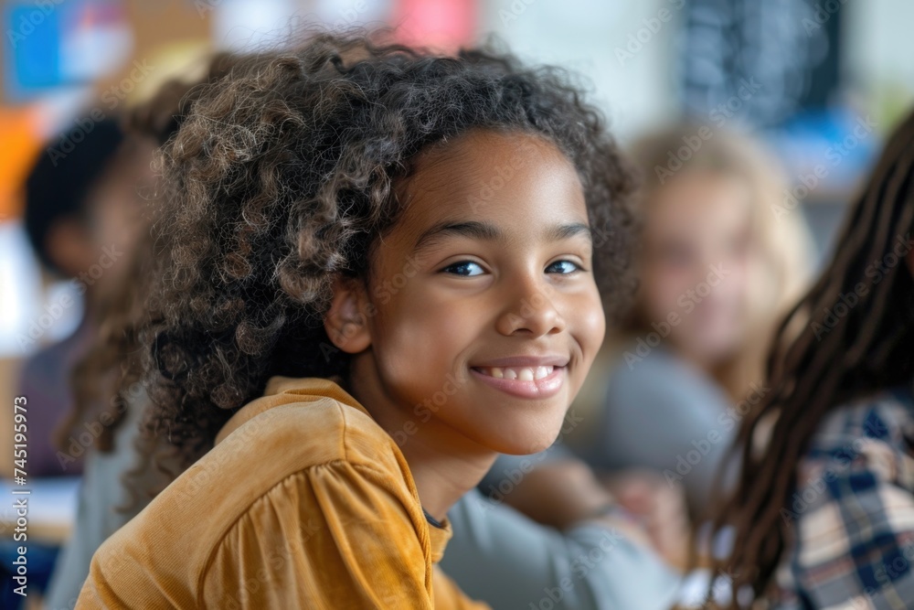 A young girl with curly hair smiling brightly and looking directly at the camera with a cheerful expression on her face A young girl with curly hair smiling brightly and looking directly at the camera with a cheerful expression on her face