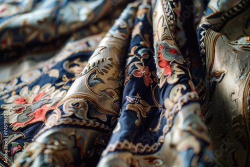 A detailed view of a vibrant blue and red fabric showcasing intricate patterns and designs, highlighting the beauty of texture and color