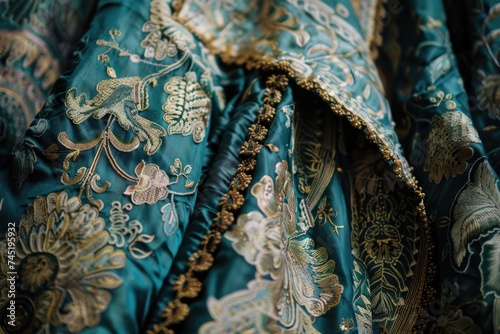 A close-up view of a mesmerizing blue and gold dress, showcasing intricate patterns and designs. The luxurious fabric shimmers in the light, exuding elegance and beauty © Konstiantyn Zapylaie
