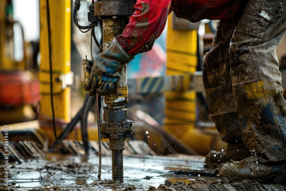 close-up photo of a drilling rig worker drilling oil on an oil rig in the middle of the sand. close-up photo of a drilling rig worker drilling oil on an oil rig in the middle of the sand.