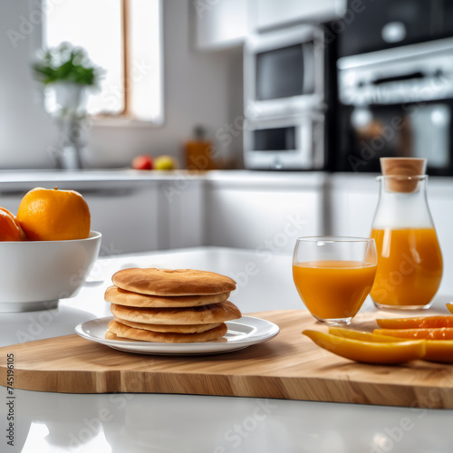 An appealing breakfast variety on a wooden stand white countertop in a cutting-edge kitchen in the background. 