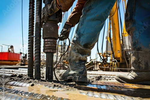 close-up photo of a drilling rig worker drilling oil on an oil rig in the middle of the sand.