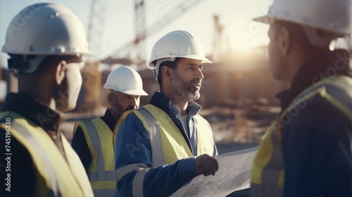 A group of men in hard hats and vests. Suitable for construction industry concepts
