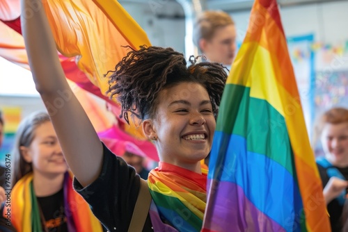 A young girl stands proudly, holding a rainbow flag, her face beaming with a bright smile. She exudes happiness and empowerment
