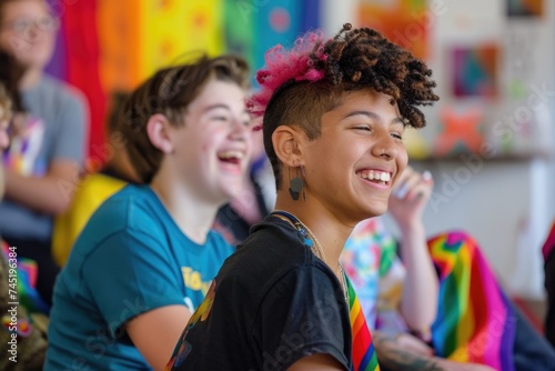 A diverse group of young children, including LGBTQ youth, empowered and unified, sit closely beside each other, fostering a sense of togetherness and acceptance © Konstiantyn Zapylaie