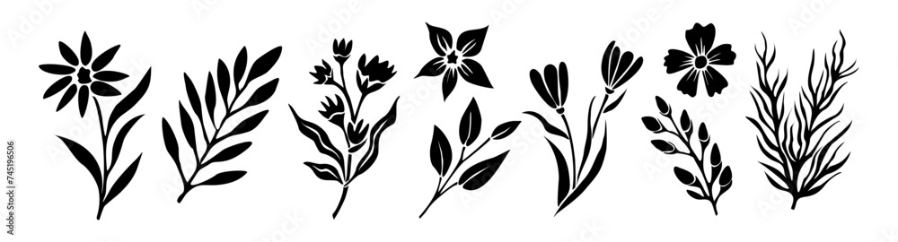 Set of black silhouettes of wild leaves and flowers. Trendy greenery hand drawn monochrome botanical illustration collection isolated. Modern design for logo, tattoo, wall art, branding and packaging.