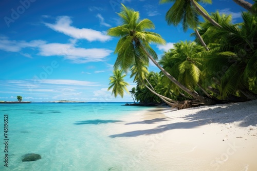 Beautiful beach with palm trees and clear blue water. Ideal for travel and vacation concepts