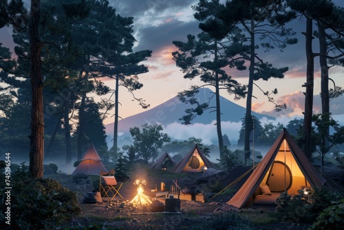 Tranquil Camping Scene at Dusk with Bonfire and Ground Protection Sheet in a Japanese Forest
