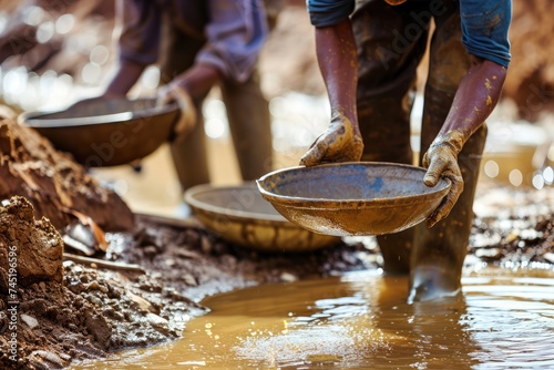 Close-up photo of gold miner workers panning for gold in the mine.