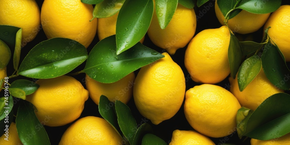 Ripe lemons with vibrant green leaves, perfect for food and beverage concepts