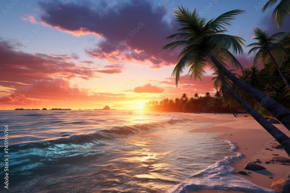 A serene sunset on a tropical beach, perfect for travel websites