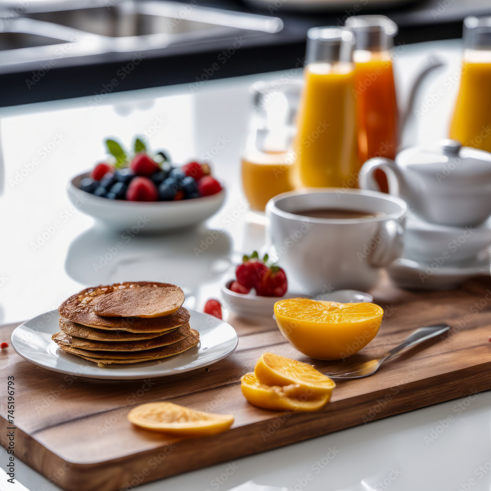 Nutritious breakfast on a wooden cutting board white countertop in a modern kitchen in the background
Nutritious breakfast on a wooden cutting board white countertop in a modern kitchen in the background