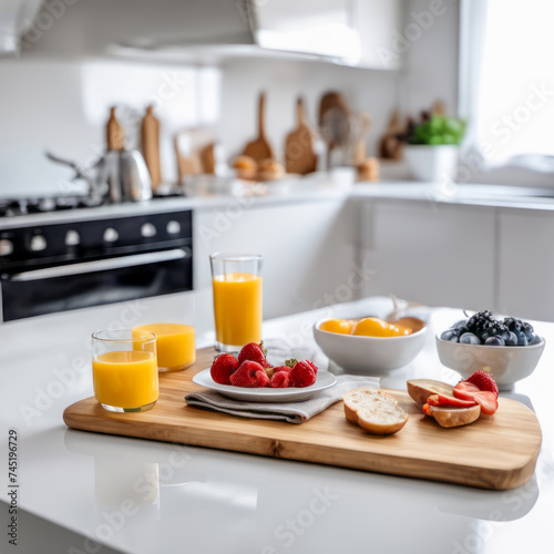 Wholesome breakfast spread on a wooden serving board white countertop in a stylish kitchen in the background 