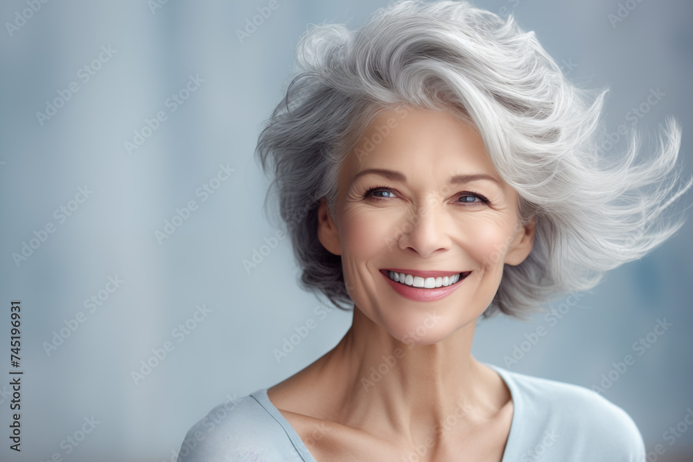 beautiful 60s mid aged mature woman isolated on white background. skin care beauty, skincare cosmetics concept