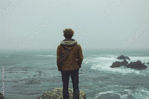 Person standing on rocky coastline under foggy conditions. Atmospheric seascape for contemplative wall art and nature themes