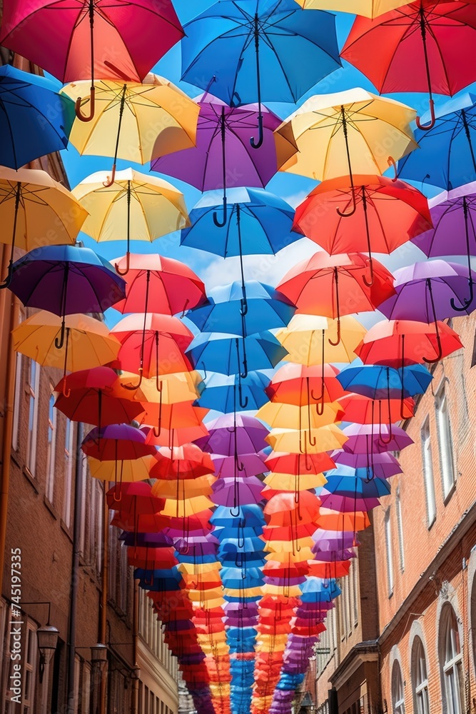 Fototapeta premium Colorful umbrellas hanging from the ceiling, perfect for adding a pop of color to any space