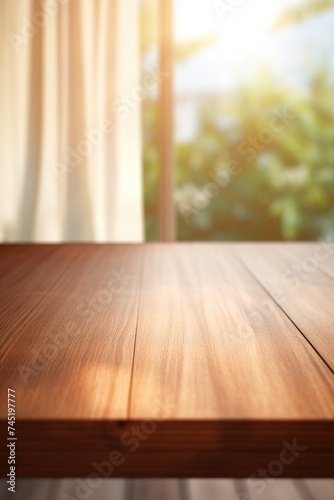 A wooden table with a window in the background. Suitable for interior design concepts
