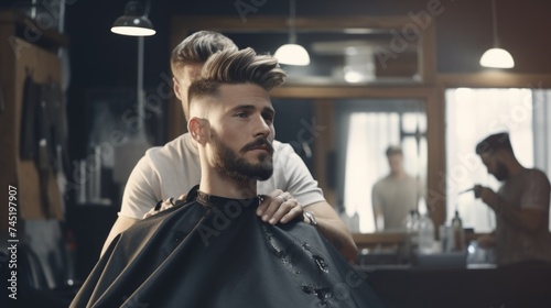 A man receiving a haircut at a barber shop, suitable for business or grooming concepts photo