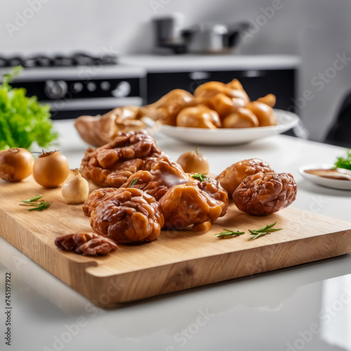Balanced food on a wooden tray. White countertop in a modern-day kitchen in the background.

